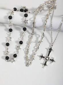 3pcs/Set Gothic Stylish Crystal Bead, Thorn Cross, Star Pendant Necklace Set For Women - Silver - View 2