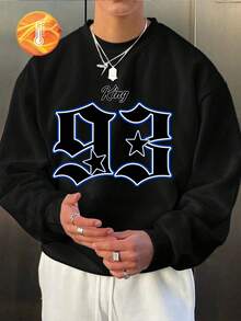 Plus Size Men's New Sweatshirt, Sports Casual Streetwear, Interesting Emo Pattern Band T-Shirts, Basketball Friends TV Show Sweatpants, Anime Halloween Streetwear Sweatshirt, Black Sports Sweatshirt, 93 Blue Printed Star, KIN English Print Long Sleeve Casual Printed White English Print Pattern Versatile Sports Sweatshirt, Y2K Style, Suitable For Daily Wear, Fall Winter