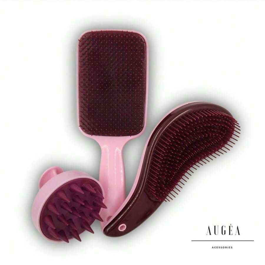 TRIO Brush Kit: Flex Racket, Magic Brush And Silicone Hair Massager Brush - 酒紅色 - 查看 1