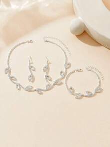 1 Set Elegant Leaf Design Rhinestone Necklace, Earrings, Bracelet 3 PiecesJewelry Set, Suitable For Women's Party And Daily Wear