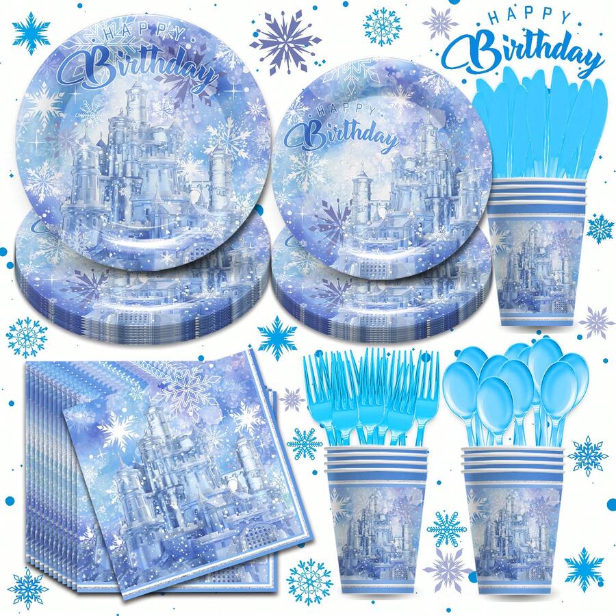 168pcs Frozen Birthday Party Supplies, Disposable Snowflake Paper Plates, Cups, Napkins,Cutlery And Tablecloth For Christmas Winter Wonderland Frozen Birthday Party Decorations Serves 24 - Đông lạnh - Xem 1