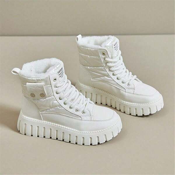 Botas de nieve de piel sintética para mujer, botas de peluche forradas con Top alta de invierno 2025