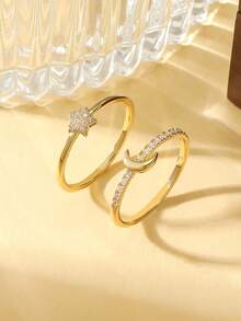 Gift Box Set Couple Rings With Star & Moon Design, Cubic Zirconia Inlaid Shiny Jewelry, Suitable As Holiday Gift - Gold - View 13