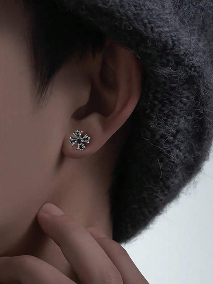 2 bông tai đính đá Zirconia hình thánh giá, chất liệu kim loại nhiều màu, phong cách Gothic, phù hợp để đeo hàng ngày cho nam giới - Bạc - Xem 1