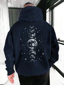 Zrgoth 男士连帽衫，新款秋冬美式街头风连帽衫，印花宇宙元素，保暖内衬 - 藏蓝色 - 查看 3