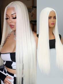 Synthetic Lace Front Wig - Long Straight Lace Front Synthetic Wig - Fashionable Women's Heat-Resistant Fiber Wig Suitable For Halloween And Cosplay