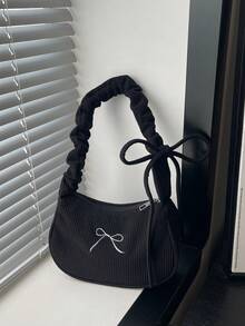 1 件黑色灯芯绒面料顺滑拉链抽绳肩带设计蝴蝶结刺绣时尚百搭休闲纯色简约新款秋冬独特单肩包，适合女性日常使用 - 黑色 - 查看 8