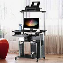 2 Tiers Computer Desk With Keyboard Shelf And Printer Shelf Stand Home Office PC Laptop Table Furniture Study Gaming Desktop Workstation - Black - View 4
