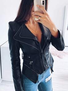 Giacca da motociclista casual da donna in pelle PU nera con dettaglio cerniera asimmetrica, maniche lunghe e scollo con colletto, vestibilità regolare - nero - Visualizzare 2