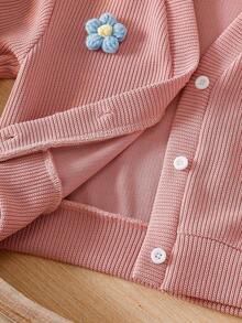 2 Stück/Set Elegantes Outfit für Kleine Mädchen mit Blumendekoration, bestehend aus Strickjacke mit Langarm und schwarzer Schlaghose, Mädchen Winter/Herbst Kleidung