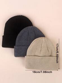 3pcs Kids Unisex Solid Color Knitted Warm Beanie Hats, Versatile For Autumn/Winter - Multicolor - View 2