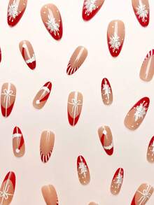 24 件/套圣诞主题杏仁形按压指甲，采用红色圣诞帽、条纹、闪光、雪花设计，包括果冻凝胶和指甲锉，适合女孩/女士节日、约会、派对指甲，秋冬 - 彩色 - 查看 2