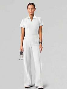 女士V领短袖多口袋弹力腰裤式工作服套装，适用于护士、牙医、宠物医院、实验室等，白色春季款 - 白色 - 查看 3