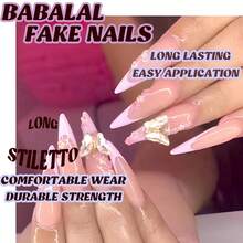 Press On Nails Long Stiletto Fake Nails Pink French Tip Glue On Nails Metallic Butterfly Charm Design Luxury Acrylic Nails 24Pcs Almond False Nails Flower Coquette Stick On Nails - 多色26 - 查看 6