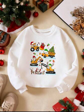 1 Pieza Sudadera con capucha de manga larga de cuello redondo con diseño impreso de coche amarillo navideño casual y holgada para niño pequeño, adecuada para la temporada de otoño e invierno, apropiada para vestir en fiestas navideñas