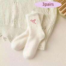 5 Pairs Of Women's Plush Bow Mid-Calf Socks Winter Fleece-Lined Thick Warm Sleep Socks Pink Set
