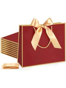 10 Stücke Weihnachtsgeschenktüten, Kraftpapier Geschenktüten mit Schleifen-Bändern, Weihnachtsgeschenk-Verpackung Einkaufstüten, Neujahr Dankeschön Geschenktüten mit Griffen, horizontale Papiertüten für Hochzeit Brautjungfern Dankeschön, Frauen Männer, mit Griffen für Geburtstag Hochzeit Brautjungfern Party Gastgeschenke, Einzelhandelstüten Aufbewahrungstüten (Burgunderrot)