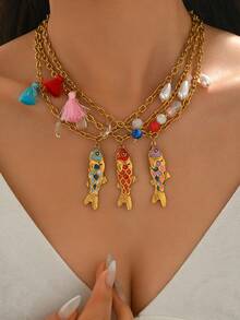 1pc 18K Gold Plated Minimalist Colorful Enamel Small Fish Pendant Stainless Steel Necklace, Suitable For Women's Daily Wear And Gift