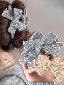 1pc Plush Knitted Bow Hair Clip For Girls - A Simple And Elegant Hair Accessory For Updos Winter Hair Clutch Elegant Claw Clips
