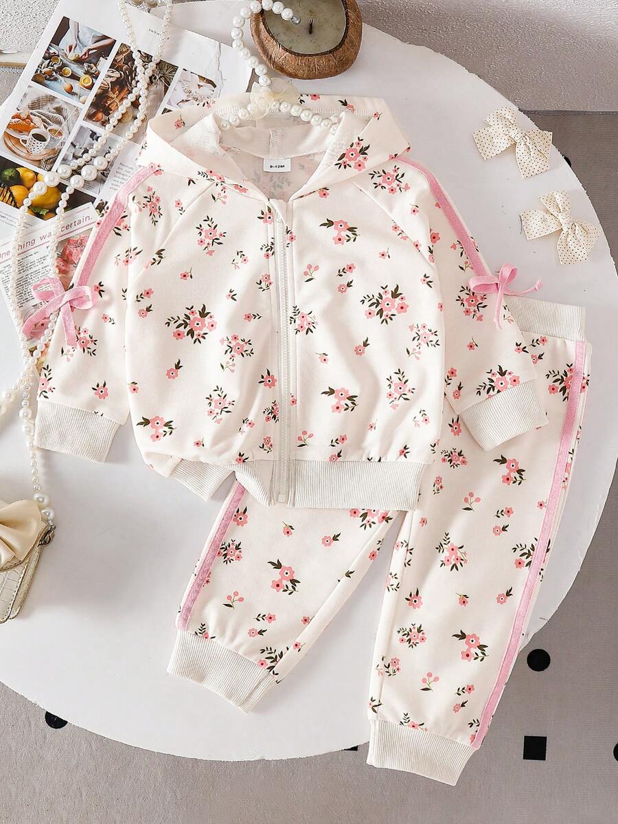 2 件女婴碎花 3D 蝴蝶结装饰休闲长袖连帽衫和裤子套装，可爱甜美，适合外出、居家和派对 - 淺粉色 - 查看 1