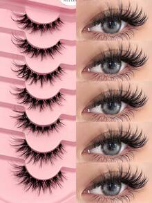 Asiteo 7对装动漫猫眼假睫毛 - 自然浓密卡通风格，透明睫毛梗，新手友好，完美适用于派对和日常妆容