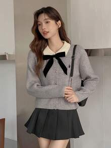 Áo cardigan nữ tay dài thêu họa tiết, phối màu tương phản, cổ áo nơ, kiểu dáng sinh viên thu/đông, phong cách đường phố thường ngày. - Xám - Xem 4