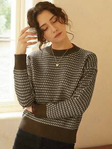 Knit Mix 女士条纹针织衫，适合秋冬季节穿着，休闲撞色长袖上衣，完美搭配春季、圣诞节、新年、情人节等各种场合，展现优雅复古风情，是返校季和秋季时尚的理想之选。 - 棕色 - 查看 6