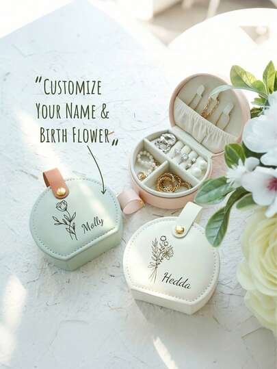 1pc Personalized Name & Birth Flower Design, Customizable Faux Leather Jewelry Box With Snap Closure - For Earrings & Rings Storage, Perfect Gift For Friends, Sisters, Bridesmaids, And Proposals, Earring Holder|Personalized Accessory Box|Fabric Interior Box, Jewelry Boxes