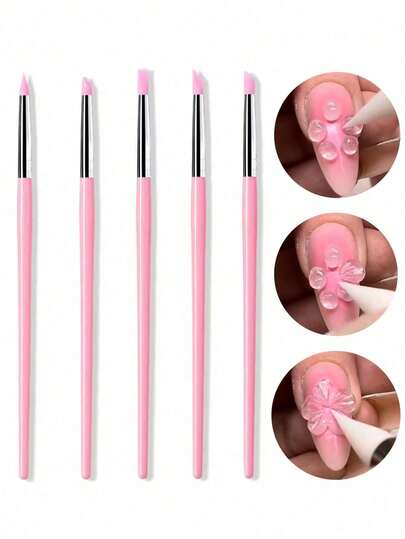 5 Pieces Silicone Nail Brush Set With Carving, Engraving, Hollowing, And Gel Shaping In Pink For Nail Art Sculpture, DIY Manicure Tools; 5 Pieces Double-Ended Nail Art Brush Set, Pink Handle, Nail Art Equipment