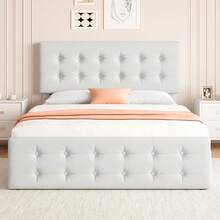 Fulvari Full/Queen/King Size Bed Frame With Headboard,Linen Upholstered Platform Bed Frame With 4 Storage Drawers,Button Tufted Style,No Box Spring Needed - 米色 - 查看 3