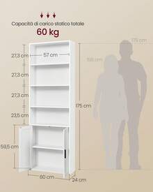 Libreria, Libreria Scaffale Verticale a 6 Ripiani, con Ante, 24 x 60 x 175 cm, per Soggiorno Studio Ufficio Sala da Pranzo, Bianco Nuvola - Bianco - Visualizzare 5