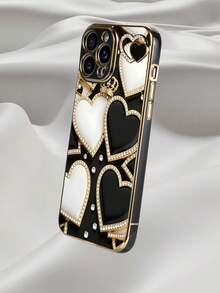 1pc Black TPU Electroplated Heart Pattern Shockproof Phone Case & 1pc Black Electroplated Rhinestone Heart Matching Phone Case, Interesting Phone Case