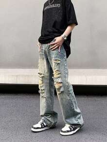 American High Street Retro Ripped Jeans For Men, Loose Straight Leg, Rugged And Handsome, Slightly Flared Design, Beggar Pants