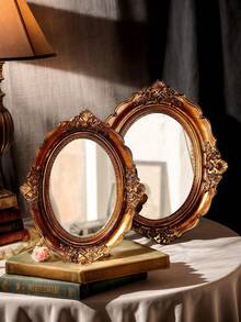 1pc Retro Oval Shaped Decorative Mirror, Antique Brass Color, Vintage Palace Style, Resin Frame, Suitable For Vanity, Jewelry Storage, Photography Props And Decoration