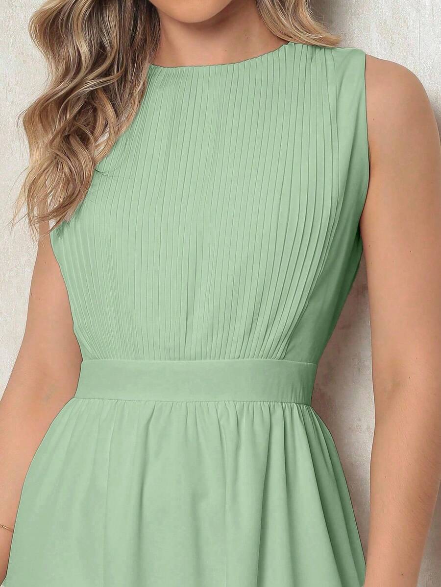 Elegant Women's Dress With A Nipped Waist - Sleeveless, Discreet Neckline And Loose Skirt For Formal Or Casual Occasions - 薄荷綠 - 查看 1