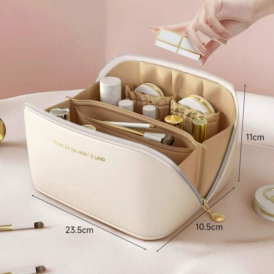 PU Leather Waterproof Cosmetic Bag, Portable Cosmetic Bag, Cosmetics Storage Bag, Large Capacity Spacious Double-Layer Makeup Bag, Suitable For Cosmetics, Skin Care Products, Cosmetic Storage And Storage. - 杏色 - 查看 1