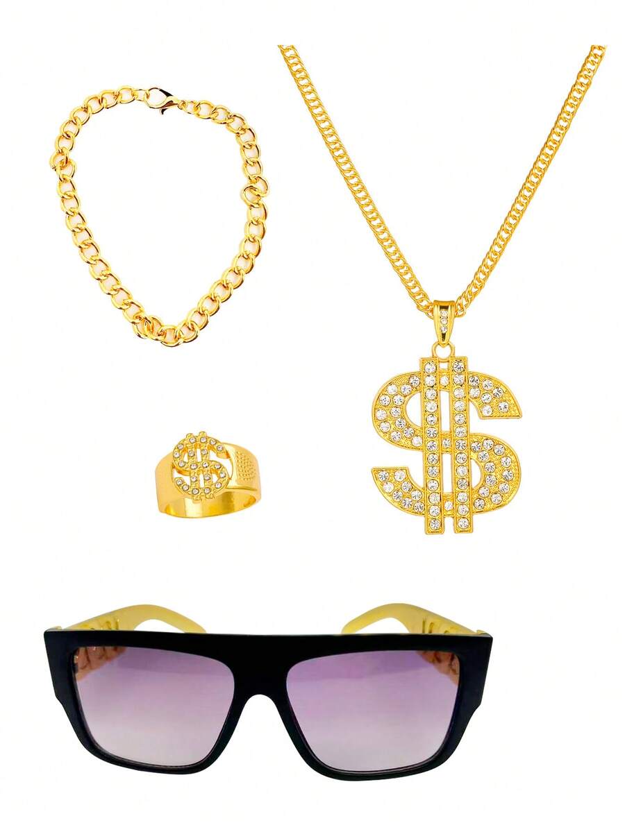 1 Set: Dollar Necklace + Dollar Ring + Bracelet + Wealthy Braided Eye Hoop Earrings, Suitable For Theme Parties And Events Halloween Costume