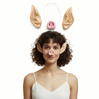 1 Set Pig Animal Latex Elf Ears & Pig Nose Combo, Halloween Party Costume