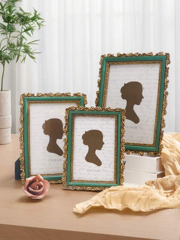 1pc Vintage European Style Golden Oval Floral Decorative Frame, Resin Material Antique-Look Classic Elegant Desktop Decor Frame, Suitable For Photo Decoration And Photography Props