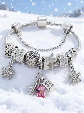 1pc Women's Adjustable Gold Color Rhinestone Butterfly, Heart, Flower Lollipop Beads Bracelet, Versatile For Daily Wear Valentines