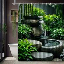 1Pc 2D Flat Elegant Garden Fountain Shower Curtain ,  Waterfall & Bamboo Design, Durable Polyester, Machine Washable Bathroom Decor With Hooks, Artistic Home Accent,  Bathroom Theme, Easy Maintenance Fabric - 顏色1 - 查看 2