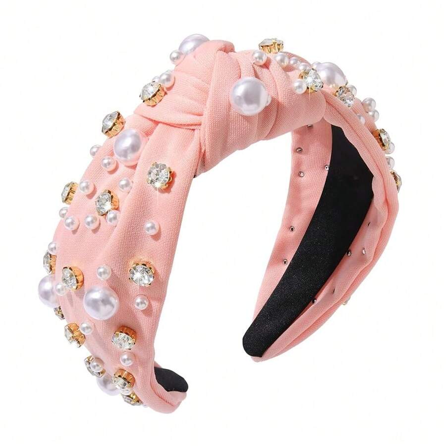 Pearl Headband Sparkly Rhinestone Pearls Knot Hairband Wide Knotted Headband Headpiece Spring Summer Pink Black Headbands Headwear Accessories (Pink Knot Hairband) - 粉紅色結髮帶 - 查看 1