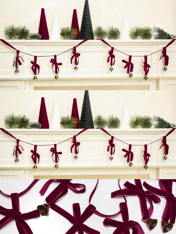 1 guirlanda de Natal, vermelha e verde, laços de veludo com sinos dourados, decoração festiva, enfeite de árvore de Natal, decoração de feriado, perfeita para casa, lareira, porta, lareira.