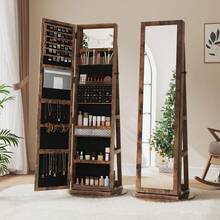 Dripex Jewelry Organiser Mirror Wardrobe, 360° Swivel Jewelry Storage Wardrobe, Lockable, 3 In 1 Free Standing Mirror With Storage Shelves - Mocha Brown - View 2