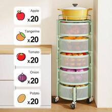 Fruit And Vegetable Basket Bowls Kitchen With Metal Top Lid, 5 Tier Rotating Storage Rack Cart Potato Onion Bread Banana, Wire Basket Organizer On Wheels, Large, Black - Green - View 6