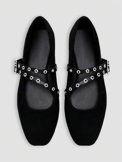 ADAMUMU Women's Fashion Square Toe Casual Party Office Round Buckle Decor Comfortable Flat Shoes