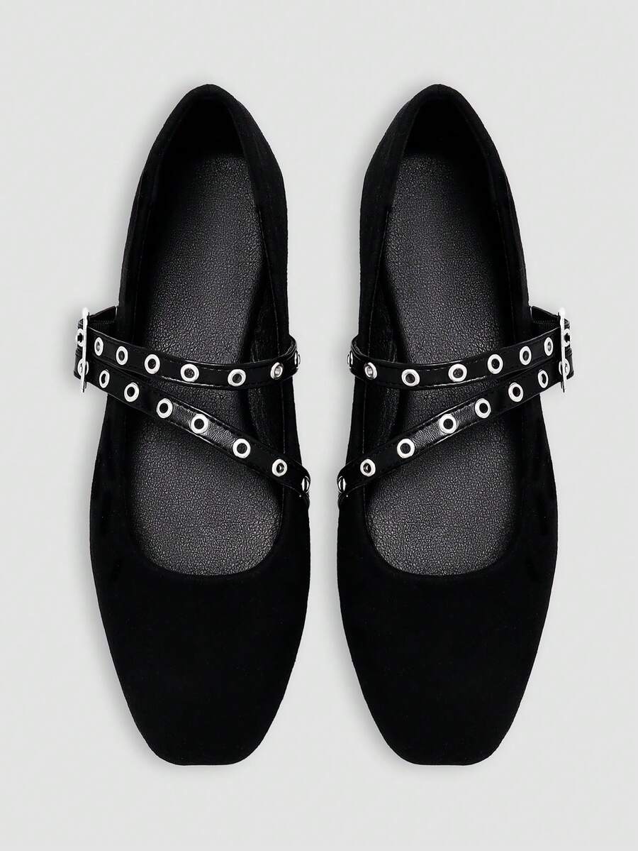 ADAMUMU Women's Fashion Square Toe Casual Party Office Round Buckle Decor Comfortable Flat Shoes - Black - View 1