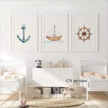 Ancla de barco náutico de estilo de dibujos animados para habitación de niños, póster artístico de barco con rueda, pintura en lienzo, impresiones de pared, imagen para decoración del hogar y la sala de estar - 2 - Ver 1