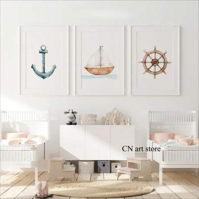 Ancla de barco náutico de estilo de dibujos animados para habitación de niños, póster artístico de barco con rueda, pintura en lienzo, impresiones de pared, imagen para decoración del hogar y la sala de estar