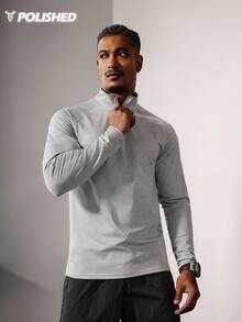 Manfinity Sport Polished 男士纯色长袖休闲运动 T 恤，简约时尚，适合日常穿着，四向弹力材质，吸汗，轻盈简约设计，四分之一拉链，修身版型，适合健身运动 - T